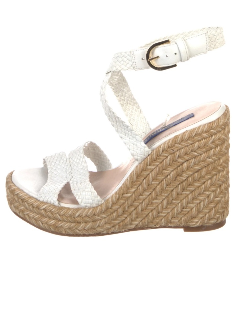 Stuart Weitzman Elise Woven Wedge White Braided Leather Espadrille Sz 10